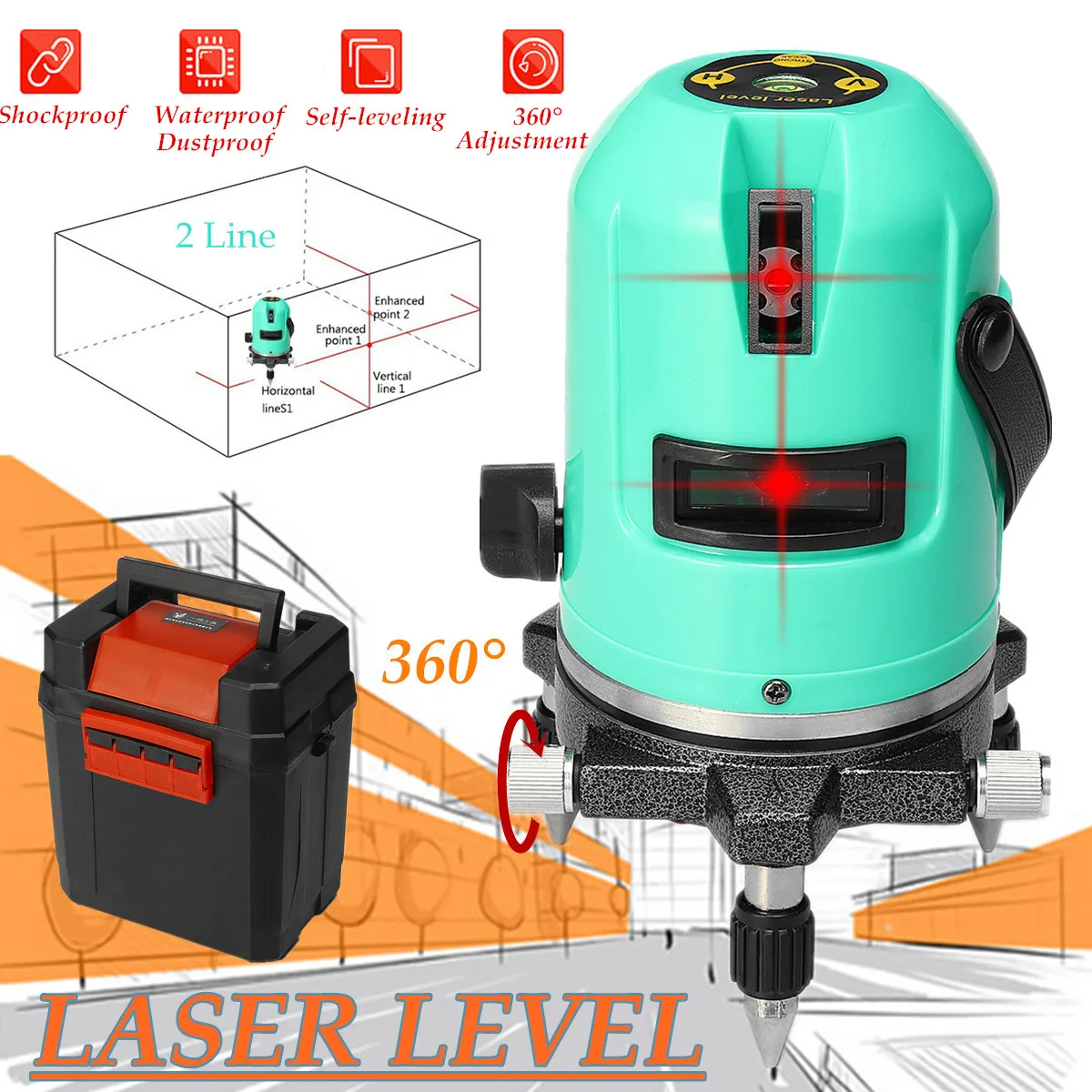 

2 Line Red Laser Level Automatic 360 Rotary Self Leveling Measure +Tripod Professional Plumb-point Function Easy Carry Red Light