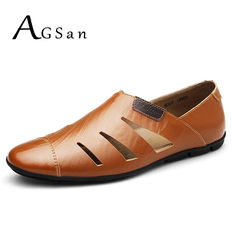 

AGSan Men Loafers Summer Breathable Genuine Leather Moccasins Hollow Out Driving Shoes Big Size 37-47 Mens Casual Shoes Black
