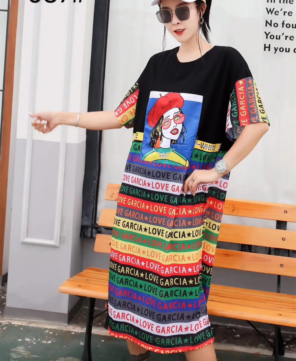 

2019 Chic Quick Dry Material Short Sleeve Dress Color Blocked Cartoon Print T-Shirt Dress Plus Size Loose Breathable Dresses