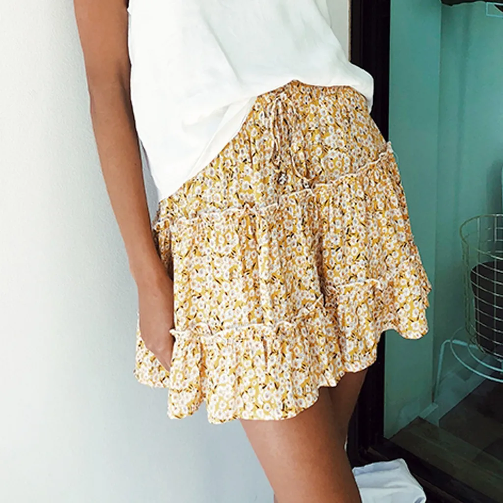 Women Summer Skirt Casual Bohemian High Waist Ruffled Floral Print Beach Short Skirt faldas mujer moda 2020