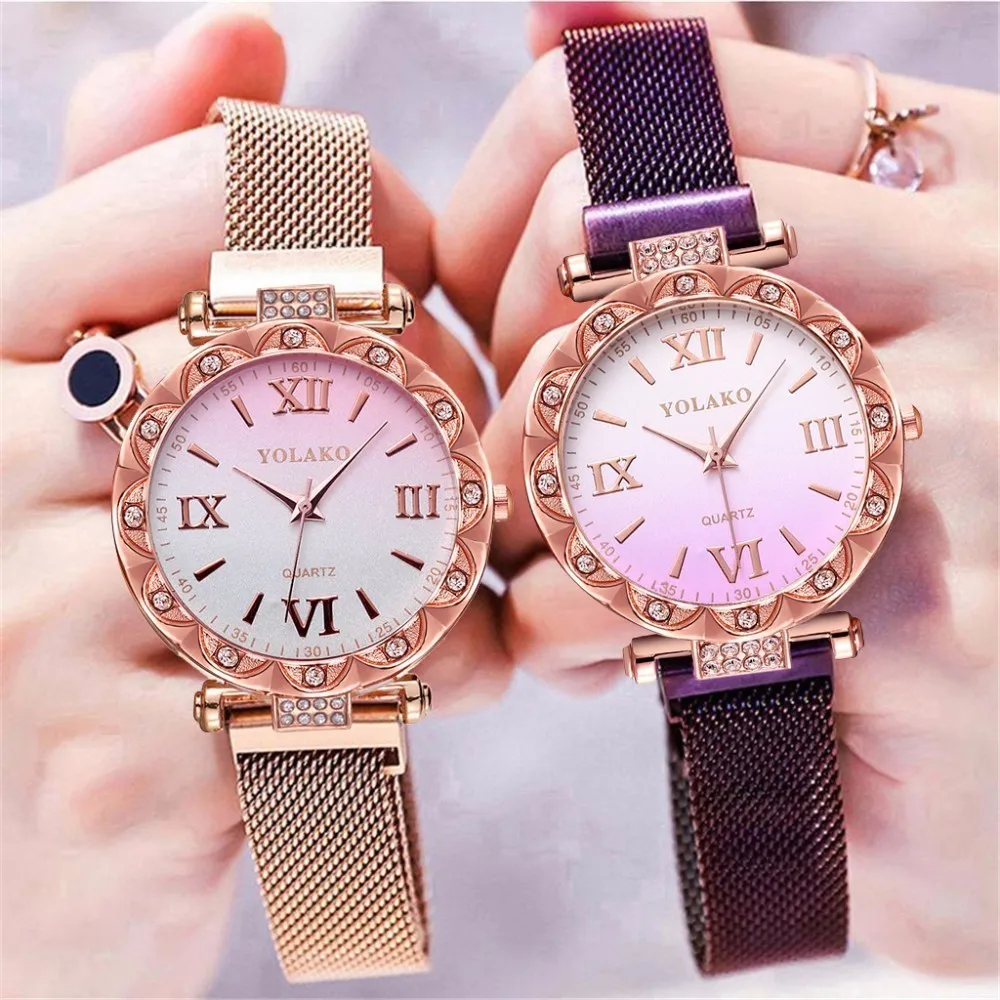 

Hot Fashion Women Magnet Buckle Gradient Roma Dial Watch Luxury Ladies Stainless Steel Quartz YOLAKO Clock Relogio Feminino