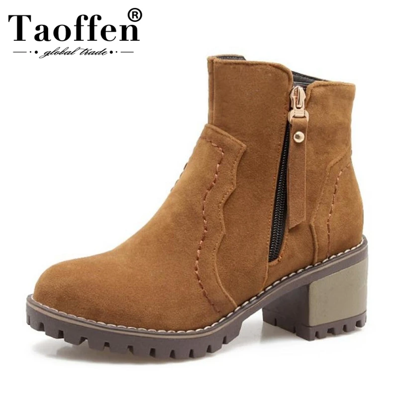 

TAOFFEN Size 32-43 Ladies High Heel Boots Women Round Toe Zipeer Solid Color Heels Boot Slip On Vintage Warm Winter Footwears