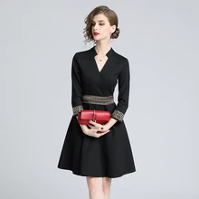 Женское платье, Осеннее дизайнерское элегантное облегающее Повседневное платье с v-образным вырезом, Черное мини-платье трапециевидной формы для офиса