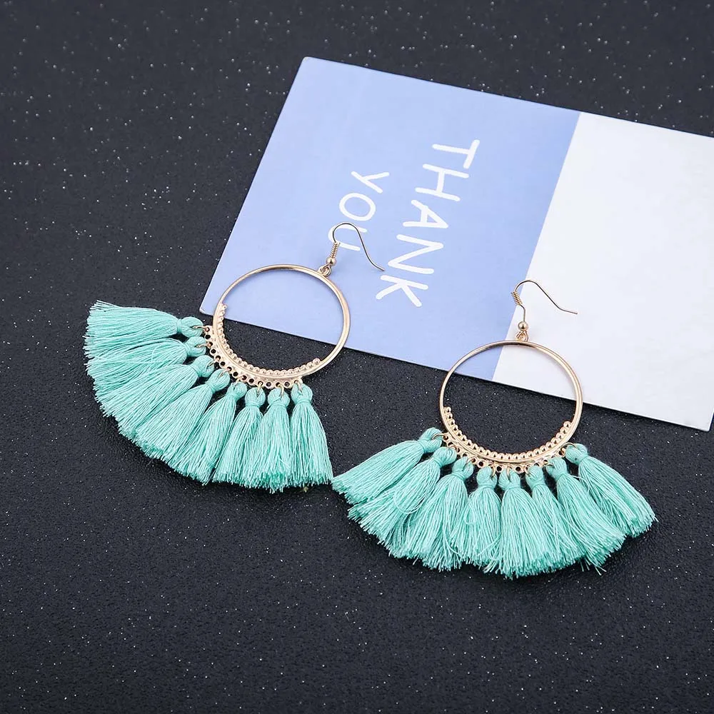 E5654 Trendy Drop Earrings RoundWomenLongBohemianBlueBalckMetalBohoHandmadeGold Tassel Earrings 2018 Jewelry