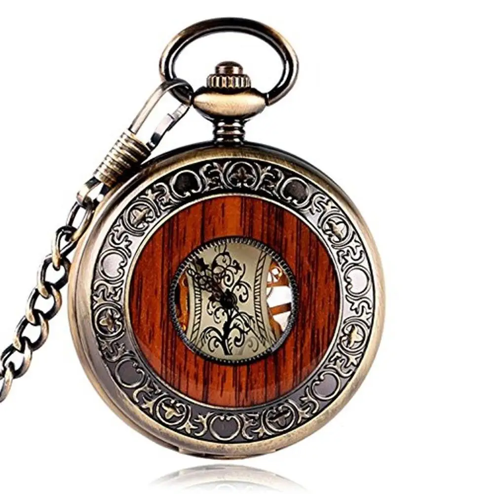 

LinTimes Unisex Luxury Wood Circle Skeleton Pocket Watch Mechanical Hand-winding Fob Watch