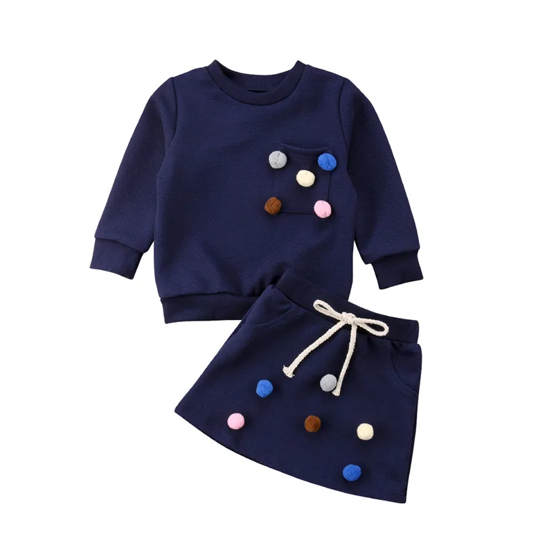 

2Pcs Fall Kids Clothes Set Princess Toddler Kids Baby Girls Long Sleeve Shirt+Short Skirt Small Ball Outfits Children Clothes