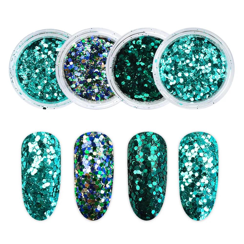 

4Colors/Set Mix Sizes Dark Green Color Mix Nail Glitter Powder Sequins For Flakes Manicure 3D Nail Art Decorations SF3073