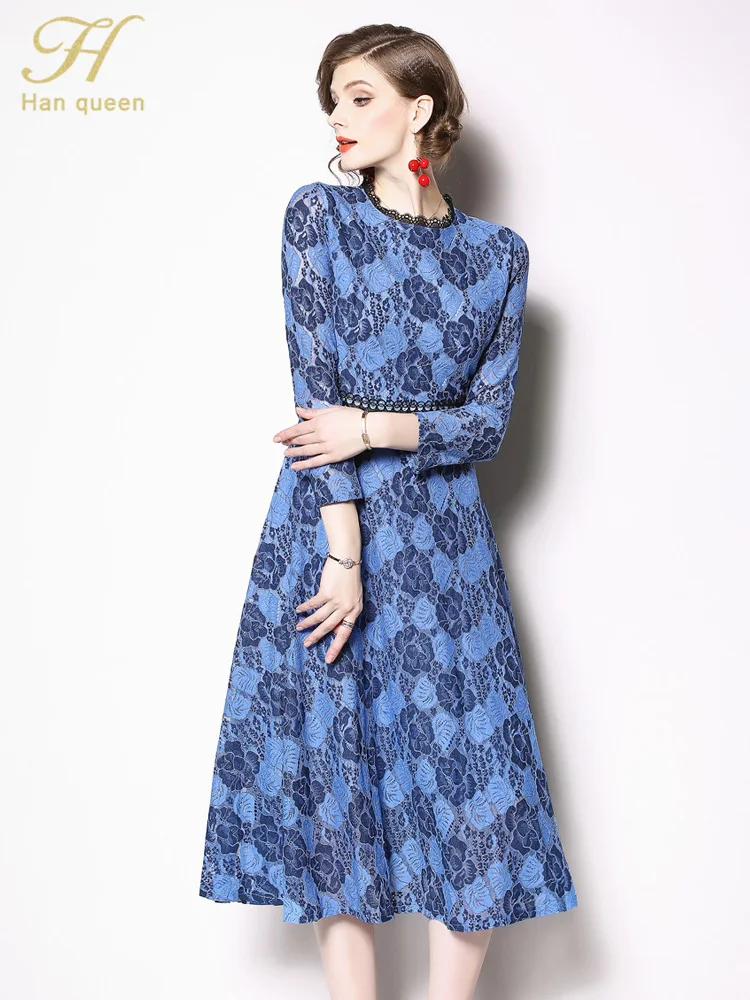 H Han queen, весна, S-3XL размера плюс, синие кружевные платья, выдалбливают, женские, цветочные, вязанные крючком повседневные платья, femininas vestidos