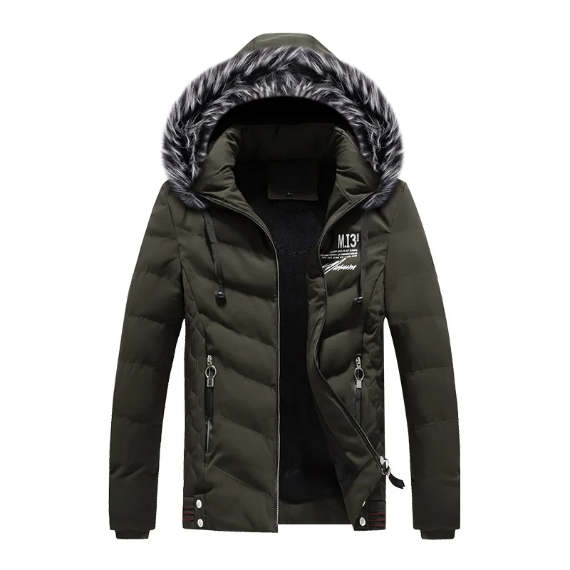 

2019 Fashion High Street Winter Jacket Men Fur Collar Hooded Coat Simple Outwear Print Thick Warm Parka Casual Velvet Jacket Top