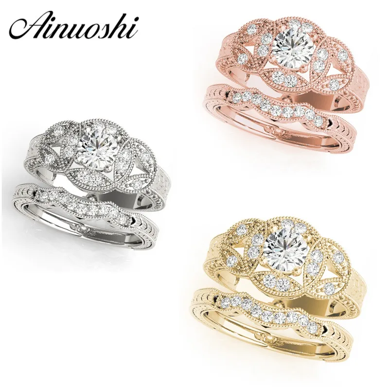

AINUOSHI Luxury 925 Sterling Silver Princess Wedding Engagement Ring Set Halo Round Cut Silver Ring Sets Anniversary Bridal Gift