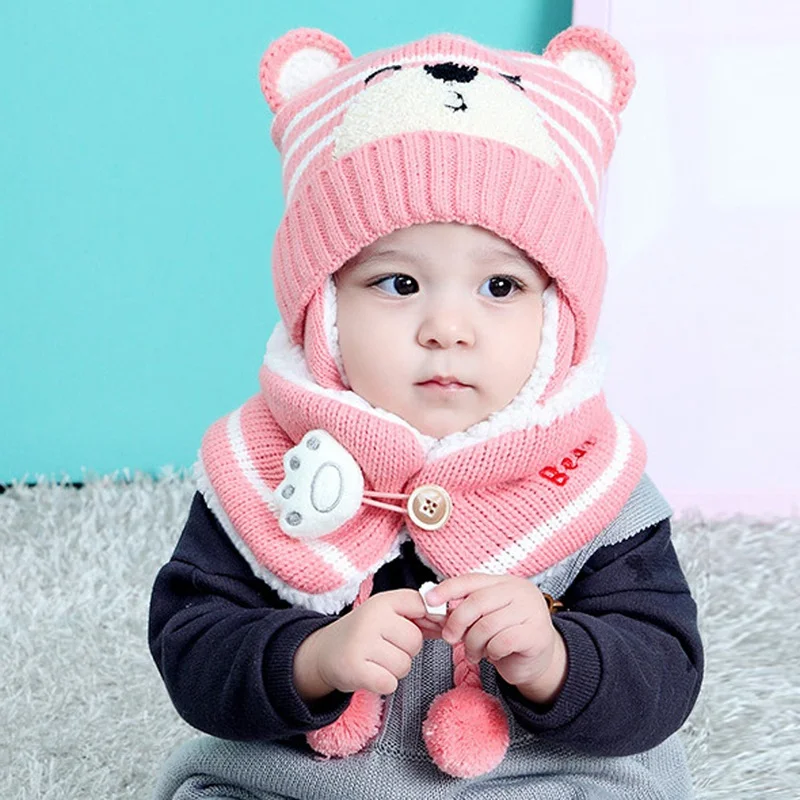 Shujin зимние детские шапки с ушками, милые детские шапки для маленьких девочек и мальчиков, теплая шапка для младенца+ вязаный шарф с капюшоном - Цвет: pink
