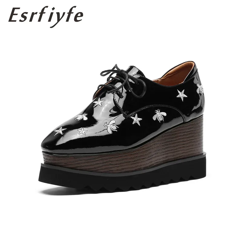 

ESRFIYFE 2019 New Woman Loafer Stars Women Square Toe Lace-up Thick Bottom Platform Wedge Shoes for Women Causal Spring Shoes
