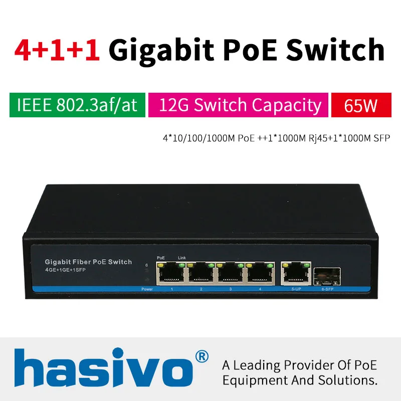 4Port PoE Network Ethernet Switch With 1Uplink And 1SFP Port For POE Camera Gigabit 10/100/1000Mbps 48VPower IEEE802.3af/at 4Port PoE Network Ethernet Switch With 1Uplink And 1SFP Port For POE Camera Gigabit 10/100/1000Mbps 48VPower IEEE802.3af/at
