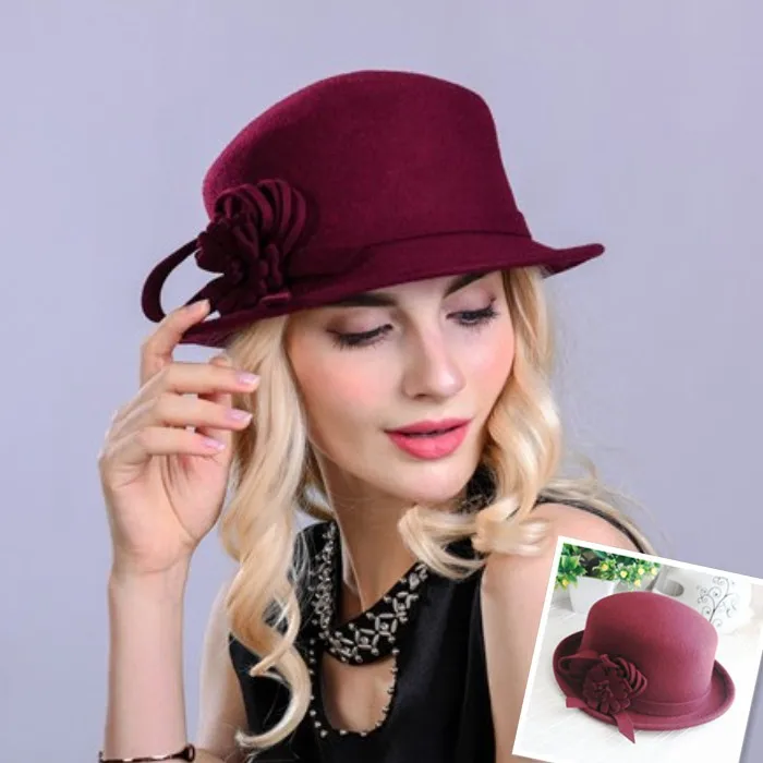 Winter Women Formal Wool Fedora Hats With Felt Flower Decoration