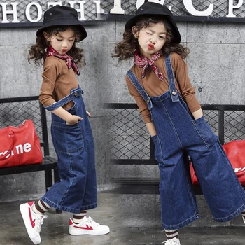 

New 2018 Kids Baby Girls Tops + Overalls Jeans Denim Wide Pants Set Outfits Spring Autumn Pullover Solid Children Clothing XL210