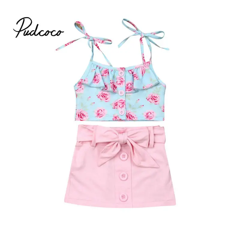 

2-7T Toddler Kids Baby Girls Clothes set Summer Off Shoulder Flower Crop Top and Skirts Cute lovely Sweet Streetwear outfits
