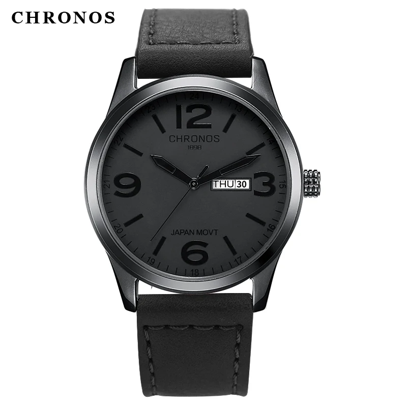Мужские часы Chronos роскошные брендовые кварцевые наручные с кожаным ремешком