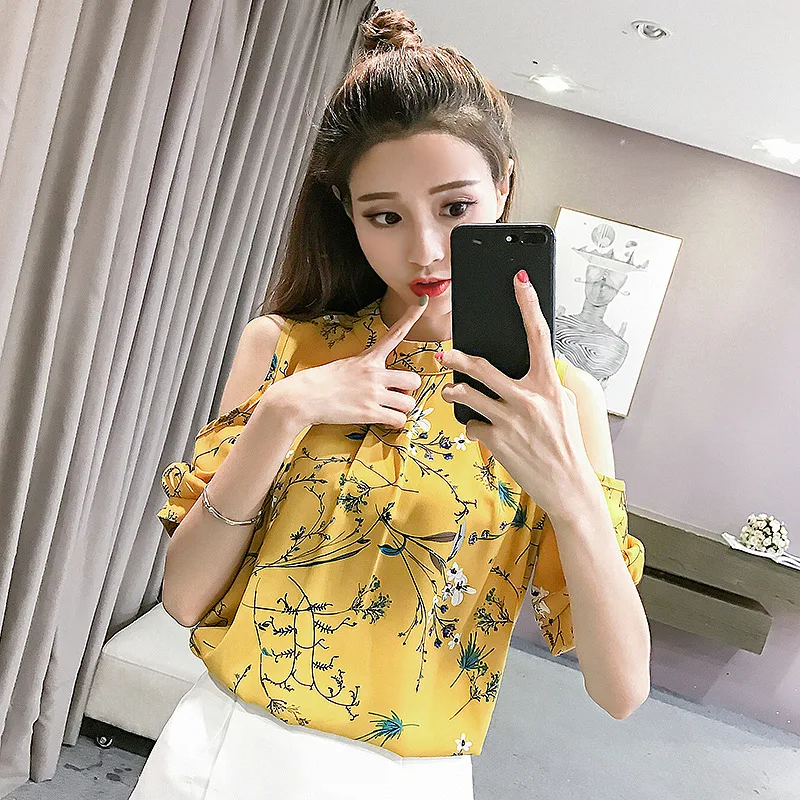 

Fashion Womens Tops And Blouses Flower Chiffon Short T Shirt Summer Blouse Women O-Neck Elegant Ladies Clothes 2019