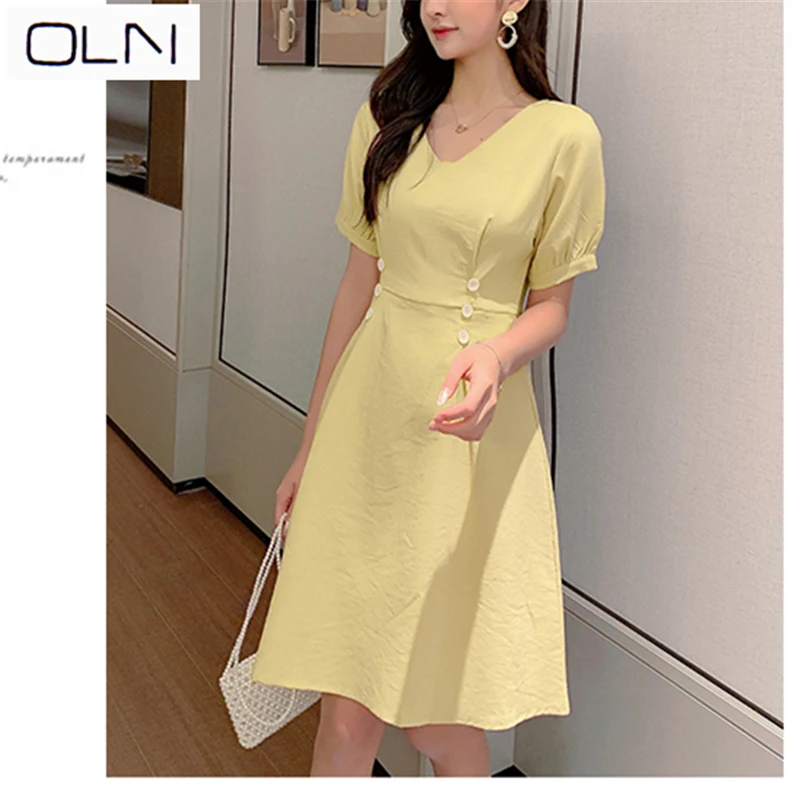 

OLN dress Korean vestidos summer new arrival wholesale Waist slim retro V-neck dress female long section small Dress