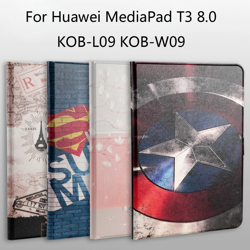 

Fashion painted Pu leather stand holder Cover Case For Huawei MediaPad T3 8.0 KOB-L09 KOB-W09 8.0 inch Tablet + Film + Stylus