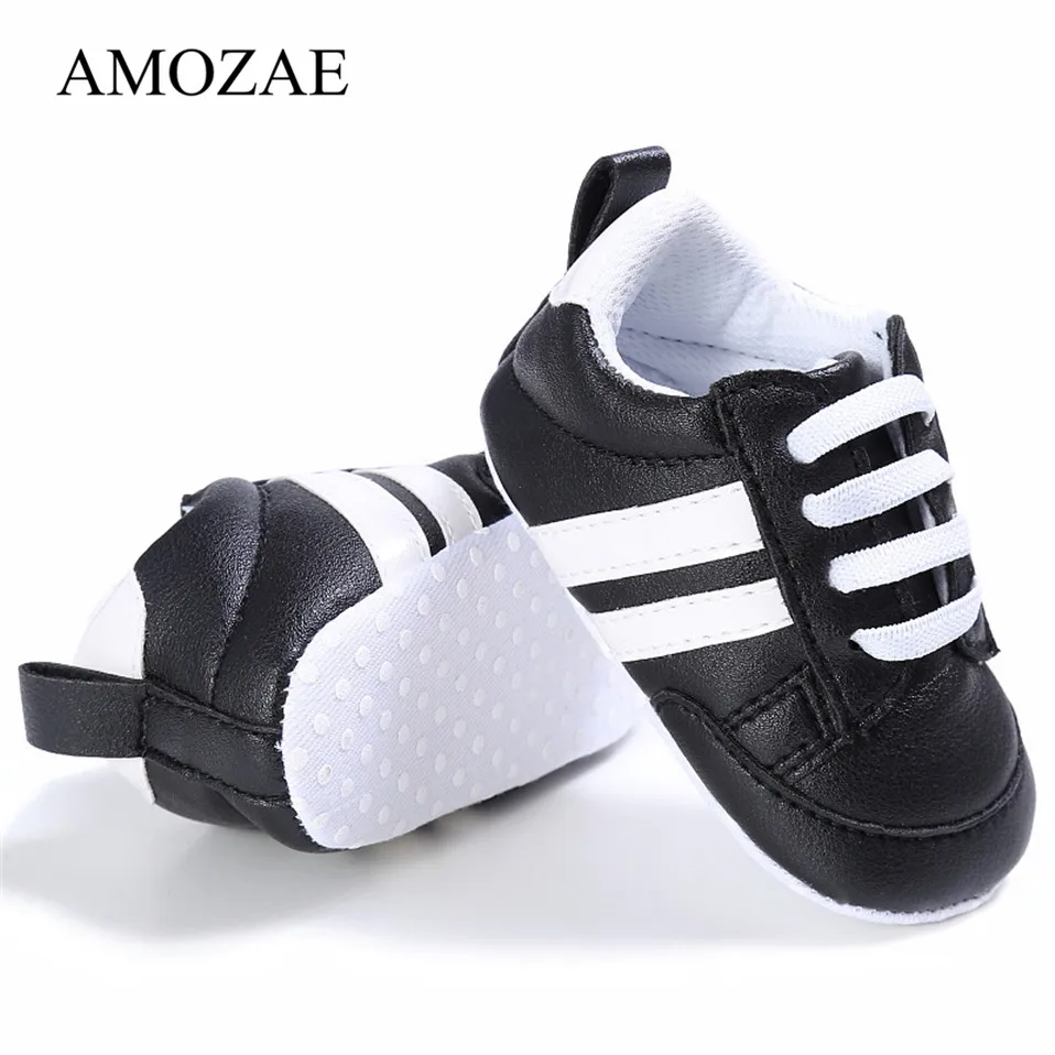 2020 Baby Shoes Newborn Boys Girls Two Striped First Walkers Kids Toddlers Lace Up PU Leather Soft Soles Sneakers 0-18 Months
