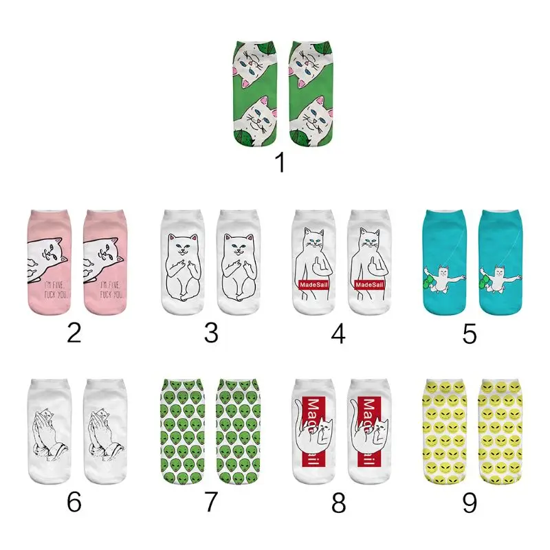 

KLV 2019 Women Couples Summer Short Cotton Boat Socks Harajuku Cute Colorful Cartoon Middle Finger Meow Cat Alien Printed