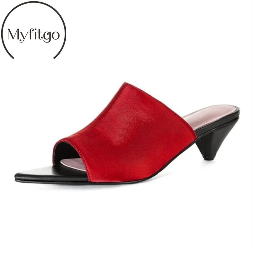 

Myfitgo Women Slippers Mules Silk Fashion Brand Strange Heels Ladies Peep Pointed Toe Slides Satin Sold Outside Shoes for Female