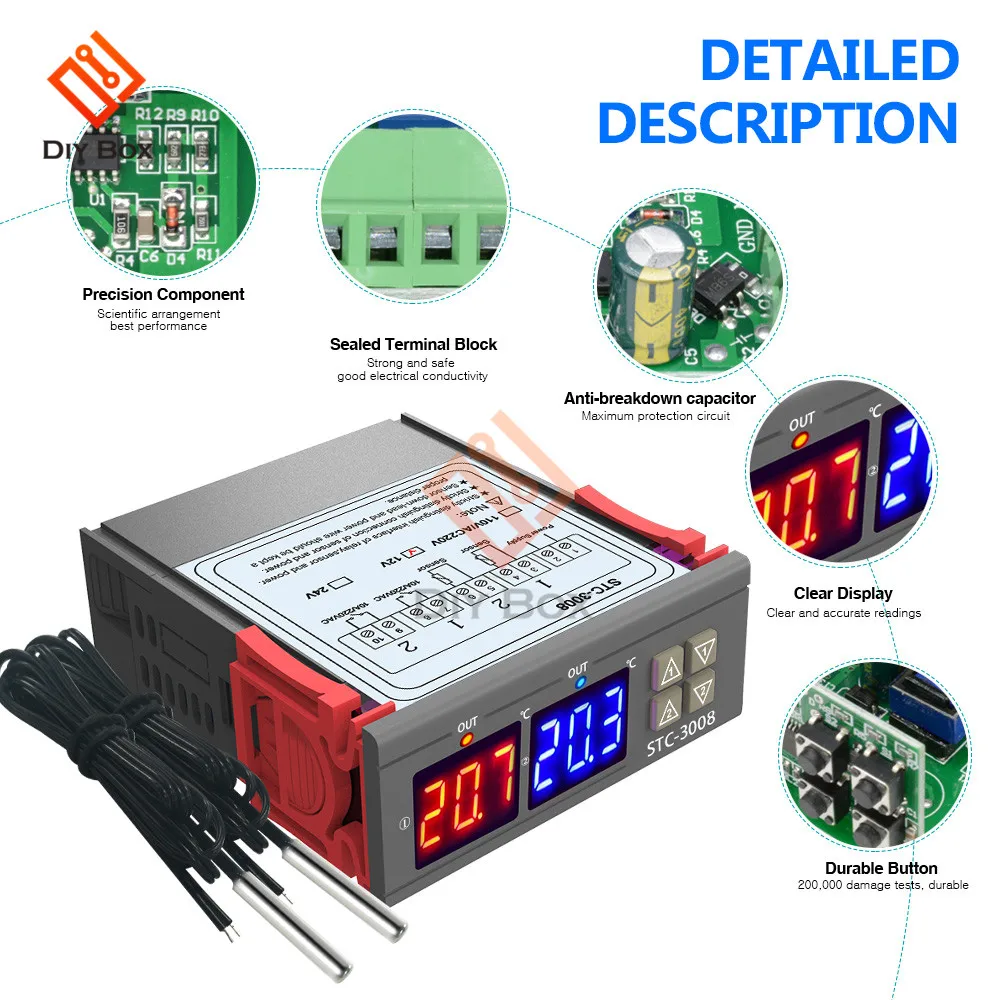 STC-1000 3000 3008 двойной светодиодный цифровой термостат регулятор температуры DC 12 В 24 В AC 110 В 220 в регулятор нагрева и охлаждения