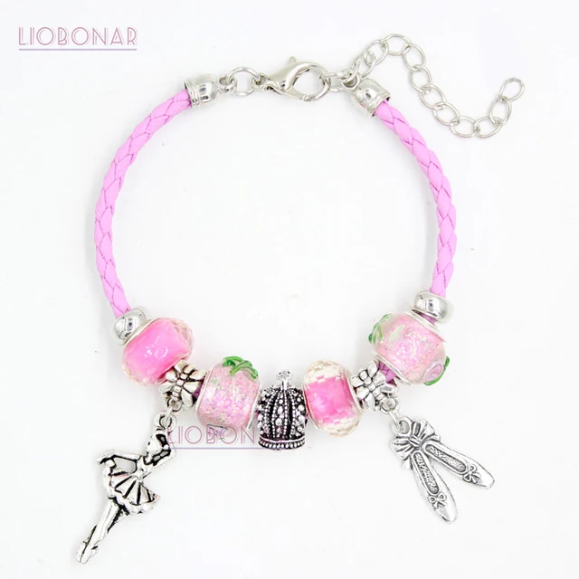 Braid Leather Bracelet Pink Lampwork Murano Gl Bead Crown Ballet Braid Leather Bracelet Pink Lampwork Murano Gl Bead Crown Ballet Shoes Ballerina Charm Bracelets Jewelry Gift