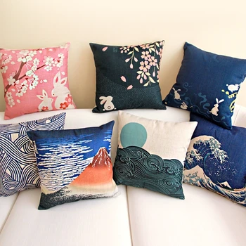 

Japanese Cherry And Rabbit Sofa Pillowcase Okinawa Style Cotton Linen Cushion Decorative Pillow Home Decor Sofa Throw Pillows