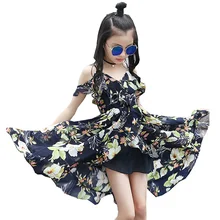 Летние платья без рукавов в богемном стиле с цветочным рисунком для девочек-подростков; шифоновое пляжное платье; одежда для детей 6 От 8 до 14 лет