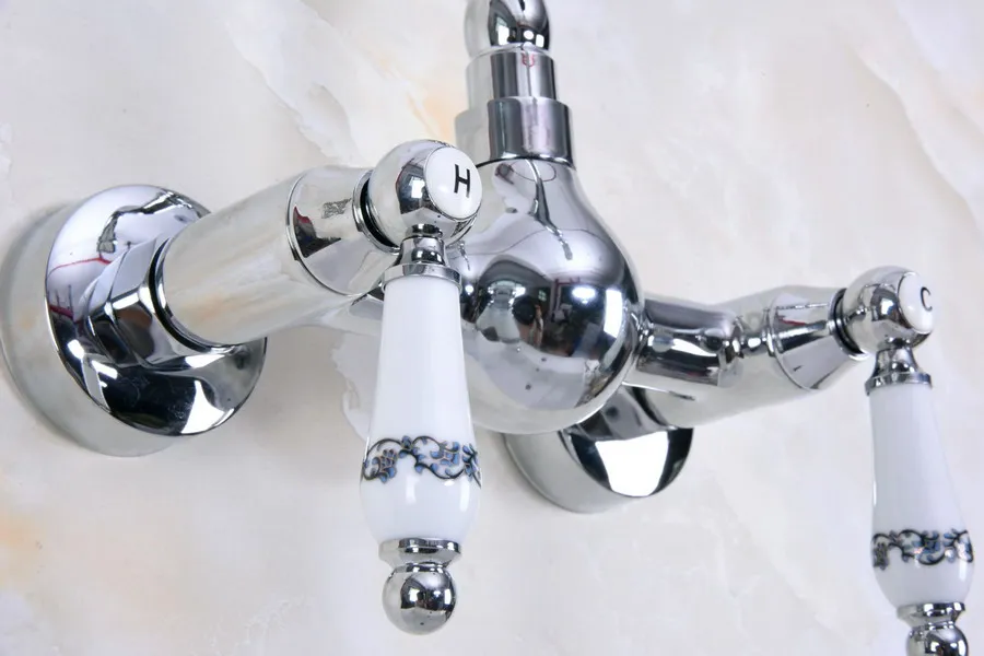 Polished Chrome Brass Wall Mounted Double Ceramic Handles Levers Bathroom Kitchen Sink Faucet Mixer Tap Swivel Spout anf956
