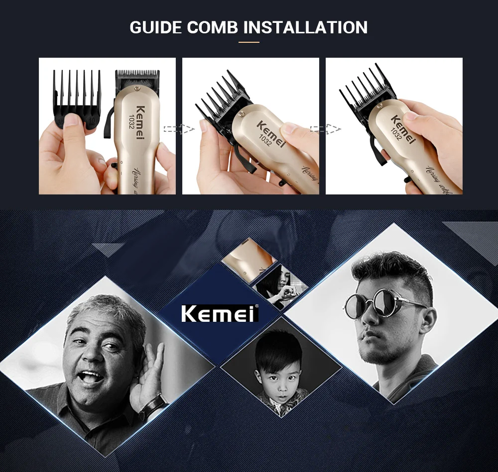Kemei KM - 1032 Adjustable Cordless Powerful Motor Hair Clipper with 4 Guide Comb