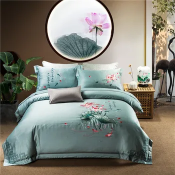 

Lotus Embroidery bedding sets Queen King size 100% Egyptian cotton duvet cover bedsheet pillowcase linen bedcover set