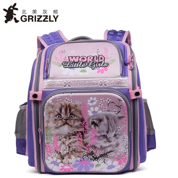 

GRIZZLY Big Brand Cartoon cat Prints Waterproof Nylon School Bags For Girls Orthopedic Children Backpacks Pupils Protect Spine