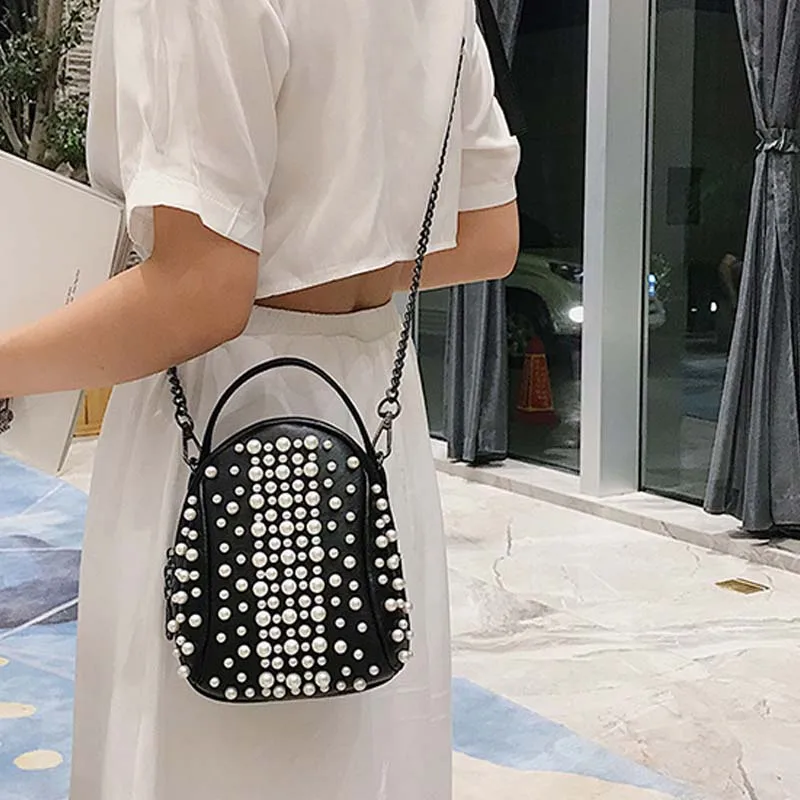 New Korean Pearl Bucket Small Bag Fashion Wild Chain Shoulder Bag Pu Leather Black Zipper Daliy Women Messenger Bags