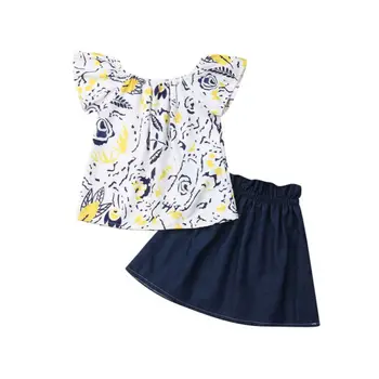 

Free Shipping Summer Infant Toddler Baby Girl Clothes Fly-Sleeve Tops+ Ruffles Denim Skirt 2PCS Outfit Set 1-4years old