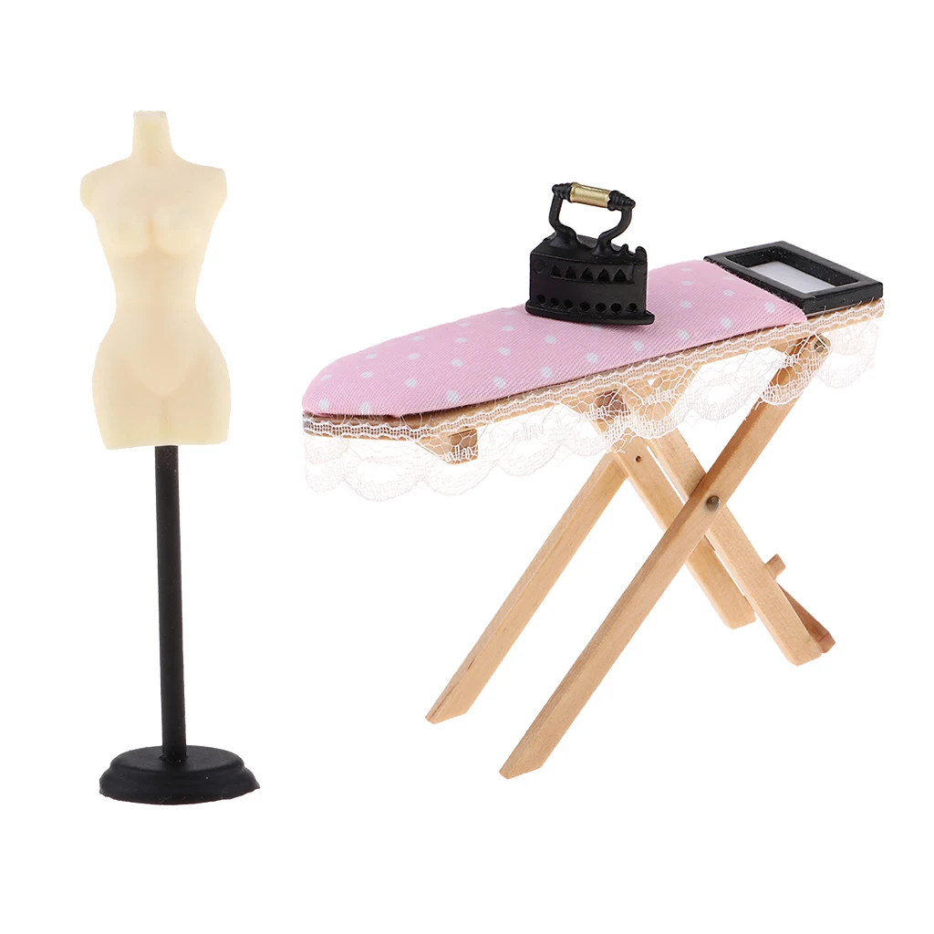 1:12 Dollhouse Miniature Doll Display Stand & Wooden Ironing Board Table with Vintage Metal Room Decor Laundry Room Furniture