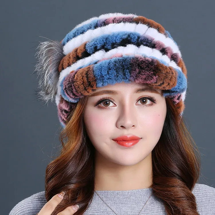 [Rancyword] Женская зимняя шапка, настоящий мех кролика, шапка, женская шапка из толстого меха норки, женская шапка бини, новинка, 16 цветов RC1401 - Цвет: multi blue color