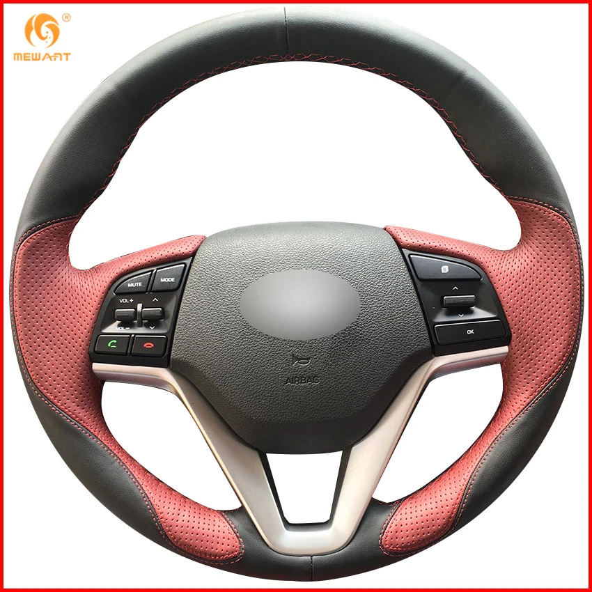 MEWANT Black Leather Wine Red Leather Car Steering Wheel Cover for
