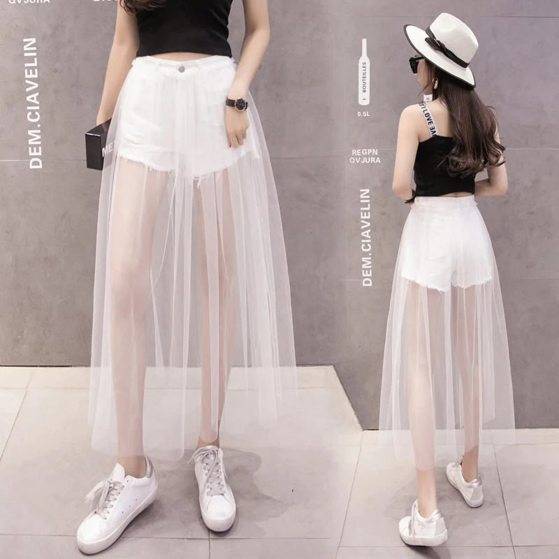 

QoerliN Fake Two Piece Jeans Shorts Skirts Womens Black White Mesh Tulle Long Maxi Skirt Ladies Plus Size Fashion Elegant Summer