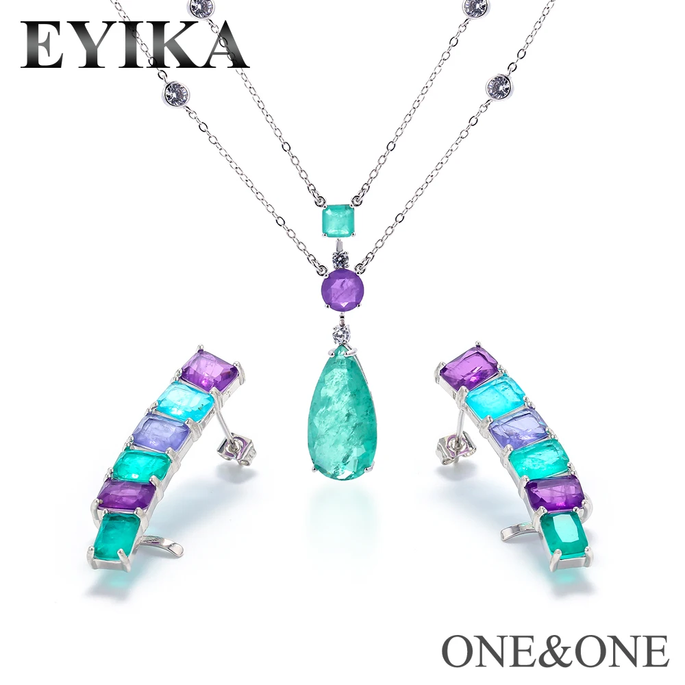 

EYIKA Newest Fusion Crystal Stone Jewelry Set Necklace and Square Stud Earrings Mixing color Fashion Fusion Jewelry Set for Wome