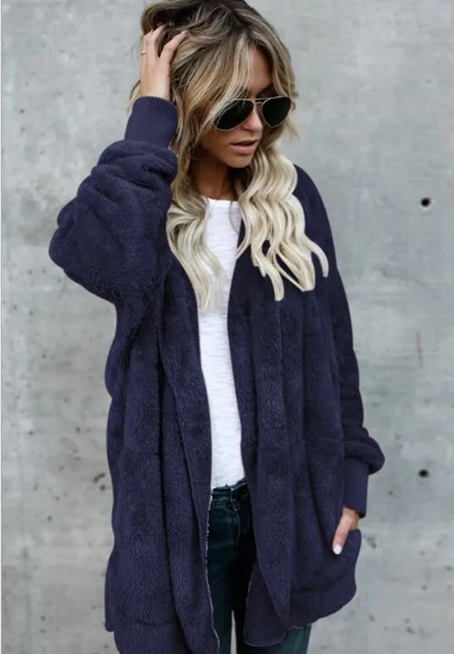 Искусственный мех с капюшоном размера плюс осеннее пальто женские теплые открытые стежки с длинным рукавом двусторонние куртки и куртки для женщин Casaco Feminino - Цвет: Синий