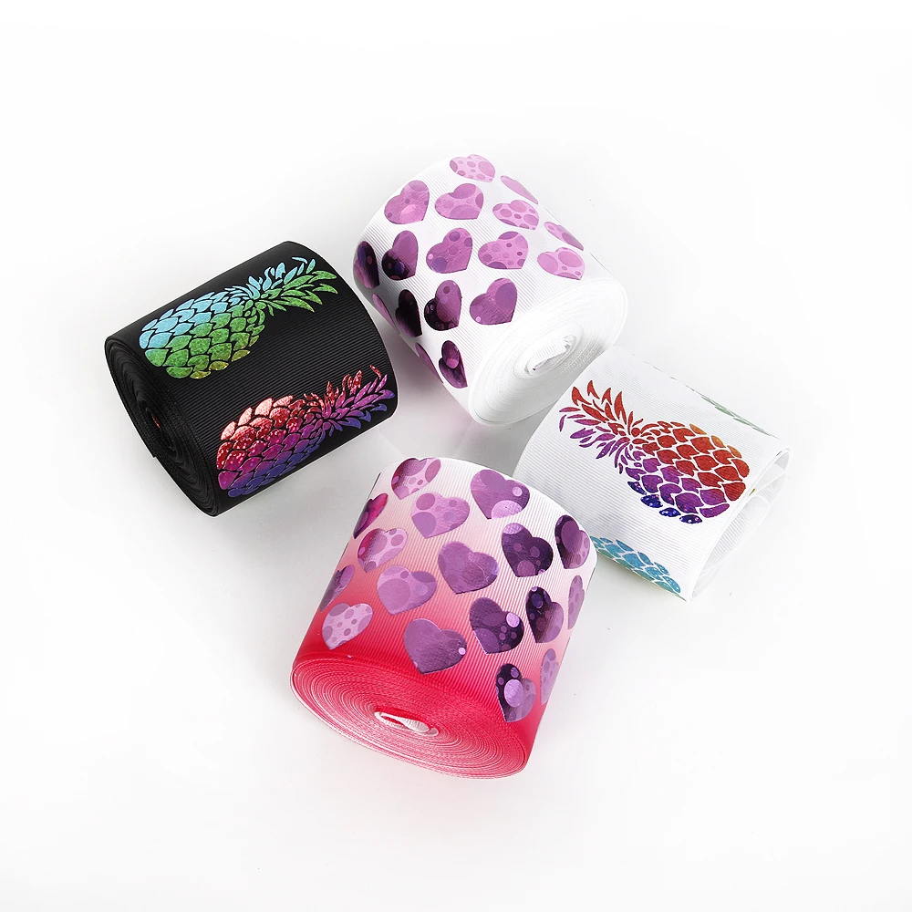 

David accessories(5yds per roll) 3"(75mm) pineapple heart high quality print laser ribbon 10yds,DIY handmade materials,10Y53224