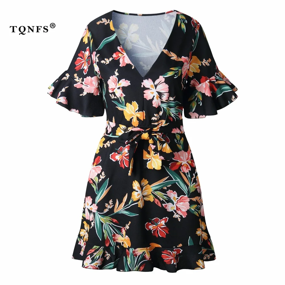 TQNFS Ruffles Deep V Neck Summer Dress Flare Sleeve Flower Print 2018 ...