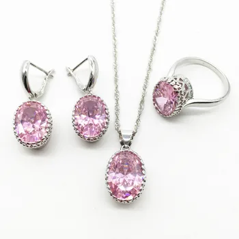 

Oval Pink Jewelry Sets For Women 925 Silver Necklace Pendant Earrings Rings Size 6. 7 .8. 9. 10 Free Shipping