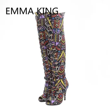 

2019 Bohemia Style Prints Women Over The Knee Boots Peep Toe Sexy Ladies High Heels Trendy Shoes Woman Thigh High Summer Boots