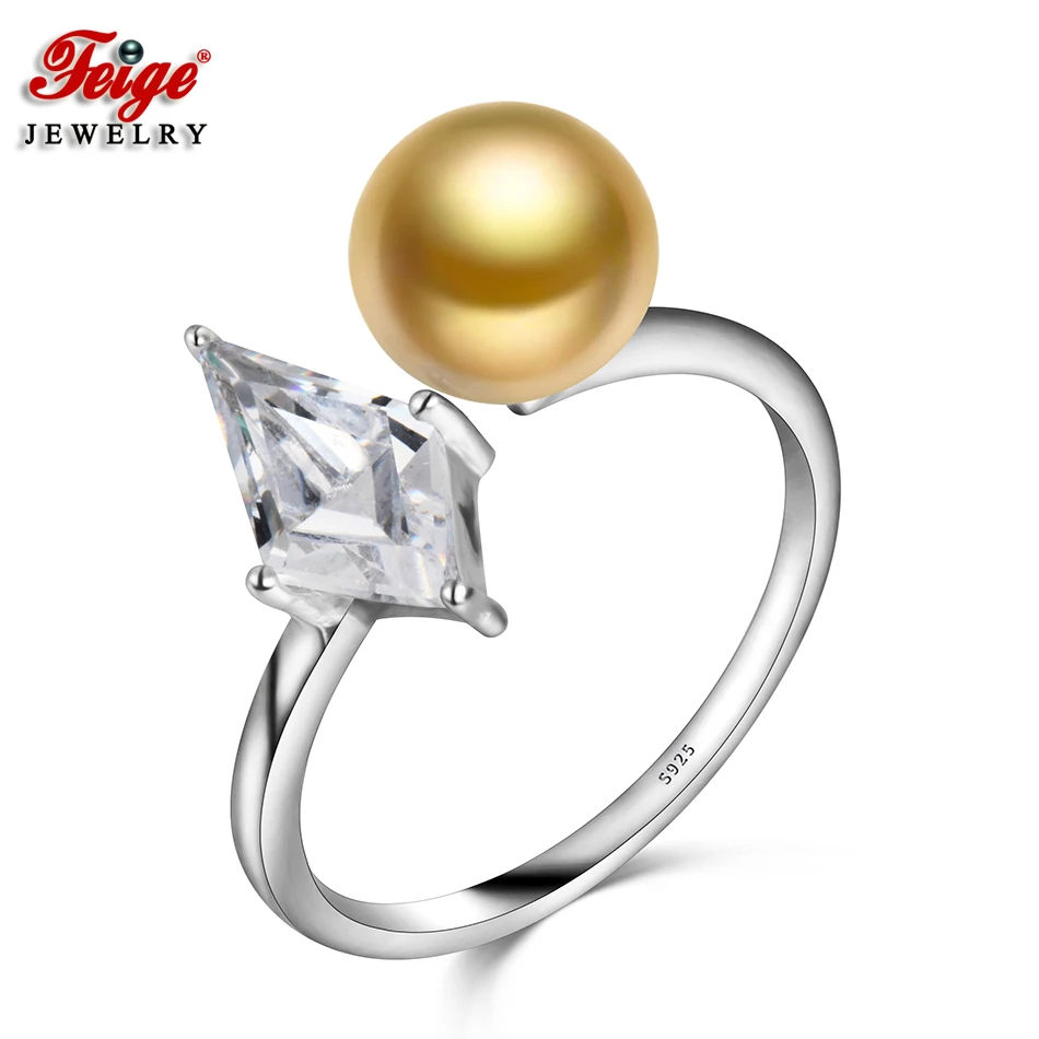 

FEIGE Wholesale Freshwater Pearl Rings 925 Sterling Silver Inlay AAA Cubic Zirconia Rings for Women 8-9MM Golden Pearl Jewelry