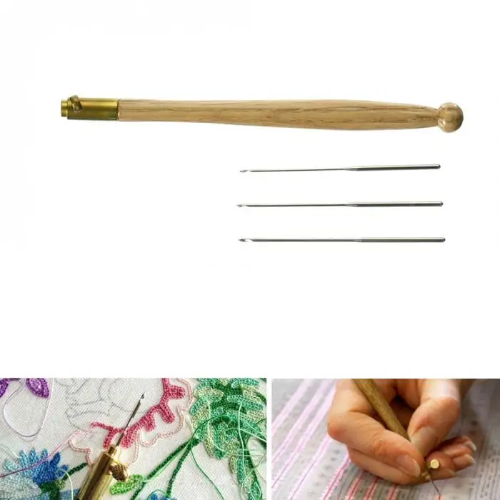 Горячее предложение, набор инструментов для вязания из бисера с твердой деревянной ручкой, набор инструментов, крючок для тамбура с 3 иглами 70 90-100, аксессуары для вышивания