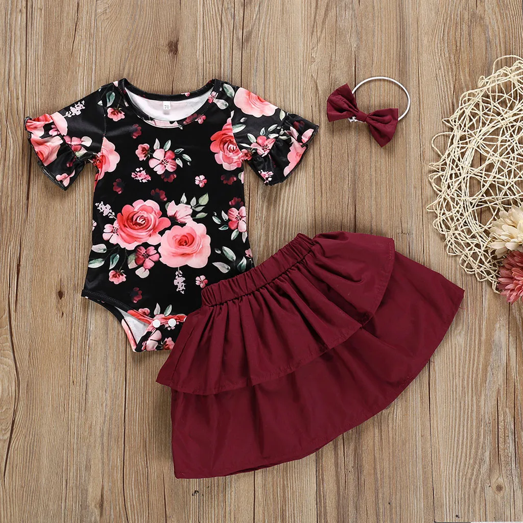 

Fashion Infant baby girl clothes Flower Print Romper and Summer Cotton Shirts Outfits 2019 Children's Sets+Headband Dropshipping